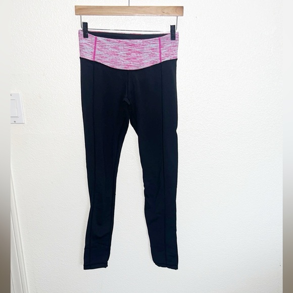 lululemon athletica Pants - Lululemon lower rise black with pink Heathered band full length leggings
